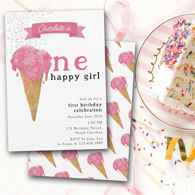 Invitación 1.ᵉʳ primer cumpleaños un feliz Chica helado rosa (1st First Birthday One Happy Girl Pink Ice Cream Invitation)