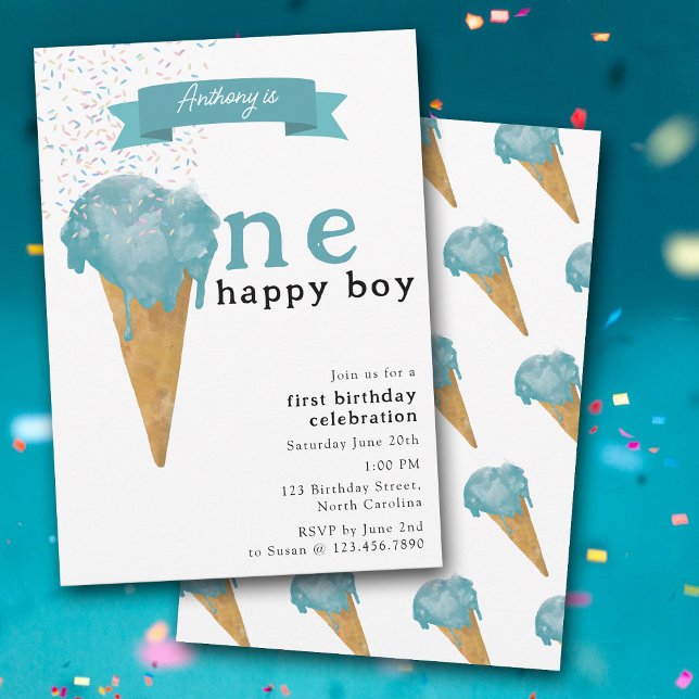 Invitación 1.ᵉʳ primer cumpleaños Un niño feliz Helado Azul (1st First Birthday One Happy Boy Blue Ice Cream Invitation)