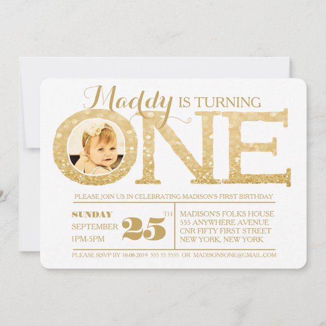 Invitación 1.ᵉʳ Purpurina de la Faux Gold Invitado de una fot (Anverso)