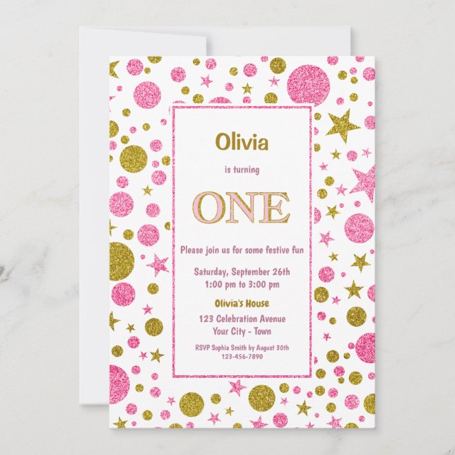 Invitación 1.ᵉʳ Purpurina de oro y rosa de cumpleaños (Anverso)