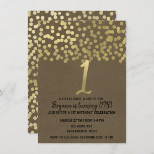 Invitación 1.ᵉʳ Relieve metalizado dorado de cumpleaños Kraft