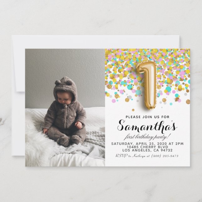 Invitación 1.ᵉʳ retrato de Confetti de Cumpleaños (Anverso)