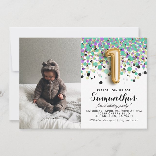 Invitación 1.ᵉʳ retrato de Confetti de Cumpleaños (Anverso)