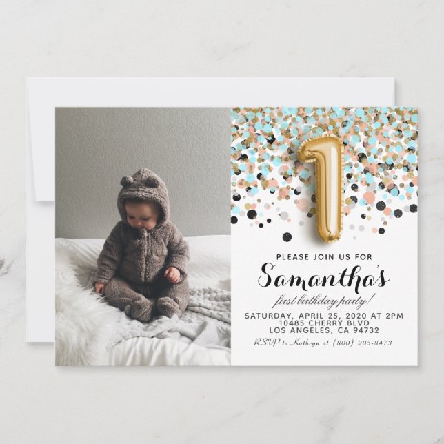 Invitación 1.ᵉʳ retrato de Confetti de Cumpleaños (Anverso)