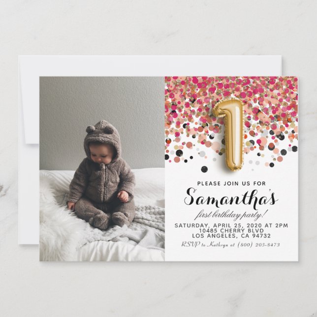 Invitación 1.ᵉʳ retrato de Confetti de Cumpleaños (Anverso)