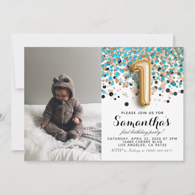 Invitación 1.ᵉʳ retrato de Confetti de Cumpleaños (Anverso)