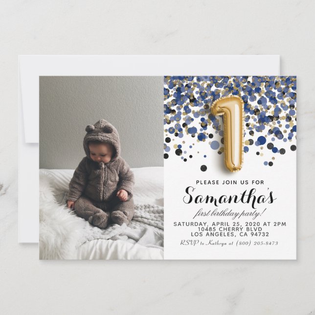 Invitación 1.ᵉʳ retrato de Confetti de Cumpleaños (Anverso)