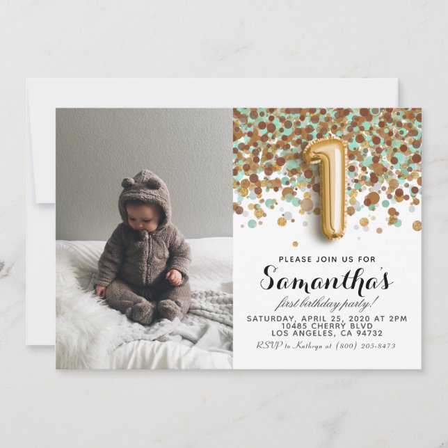 Invitación 1.ᵉʳ retrato de Confetti de Cumpleaños (Anverso)