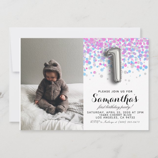 Invitación 1.ᵉʳ retrato de Confetti de Cumpleaños (Anverso)