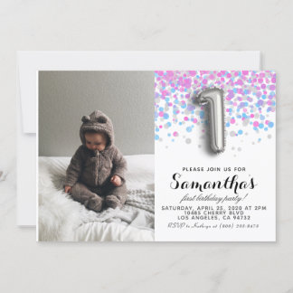 Invitación 1.ᵉʳ retrato de Confetti de Cumpleaños