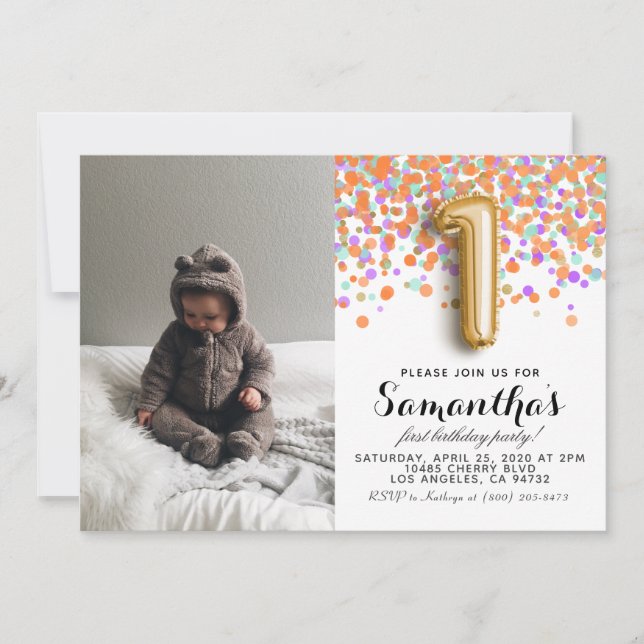 Invitación 1.ᵉʳ retrato de Confetti de Cumpleaños (Anverso)