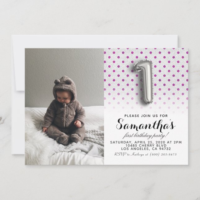 Invitación 1.ᵉʳ retrato Purpurina de cumpleaños (Anverso)