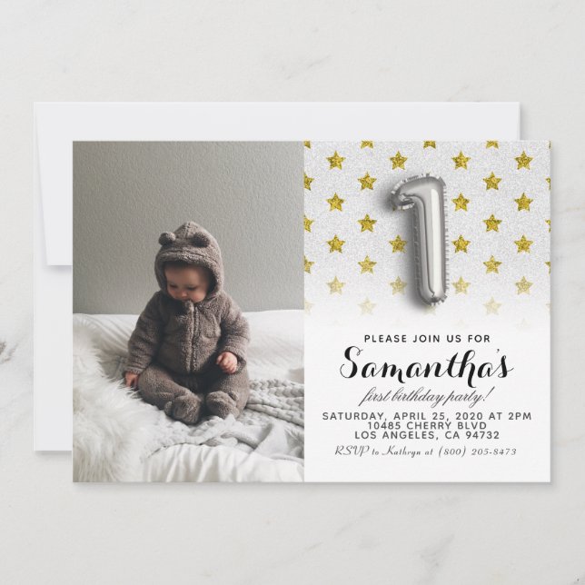 Invitación 1.ᵉʳ retrato Purpurina de cumpleaños (Anverso)