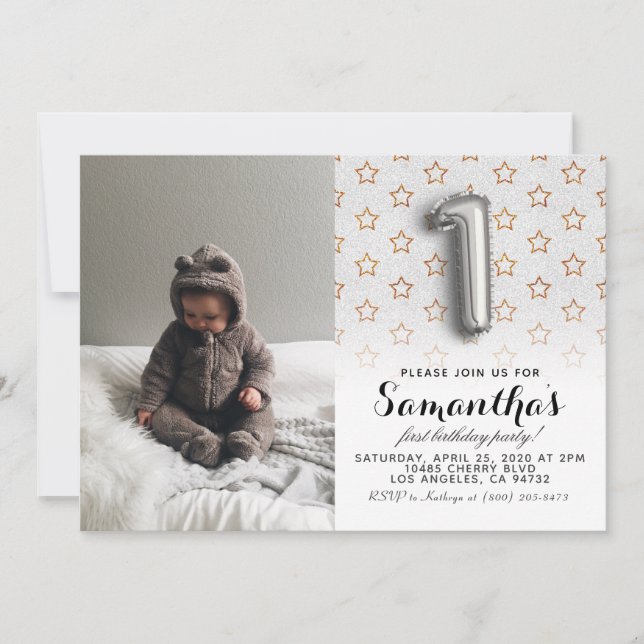 Invitación 1.ᵉʳ retrato Purpurina de cumpleaños (Anverso)