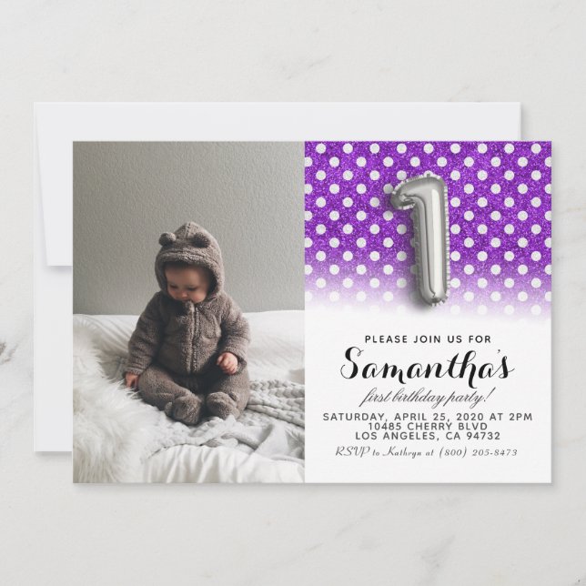 Invitación 1.ᵉʳ retrato Purpurina de cumpleaños (Anverso)