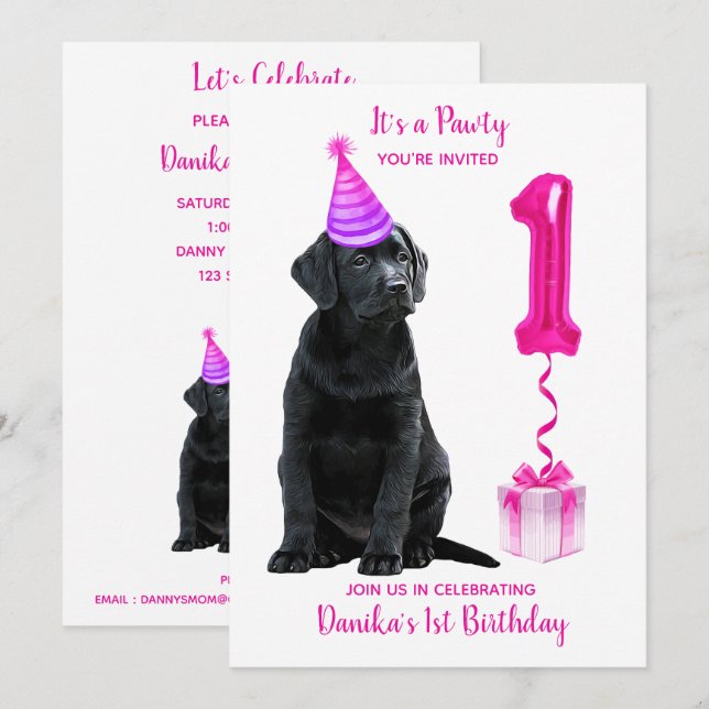 Invitación 1.ᵉʳ tema de la cachorro de cumpleaños - Cute perr (Anverso / Reverso)