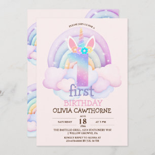 Invitación 1.ᵉʳ unicornio arcoiris Fiesta de cumpleaños