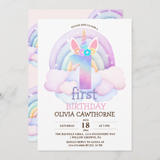 Invitación 1.ᵉʳ unicornio arcoiris Fiesta de cumpleaños (Anverso / Reverso)