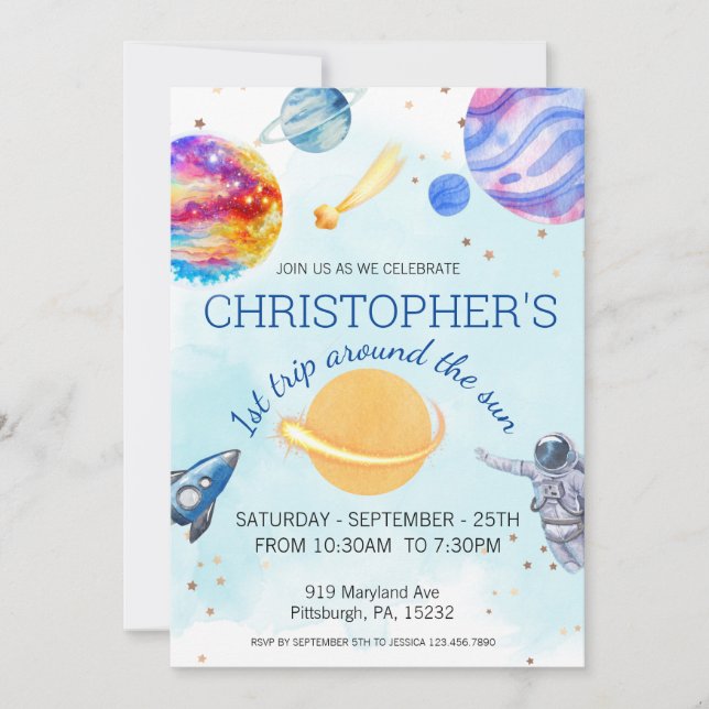 Invitación 1.ᵉʳ viaje acuarela Espacio exterior Primer cumple (Anverso)