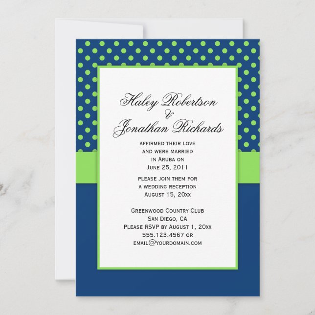Invitación #1 Boda de puntos de polka azul y verde anime de l (Anverso)