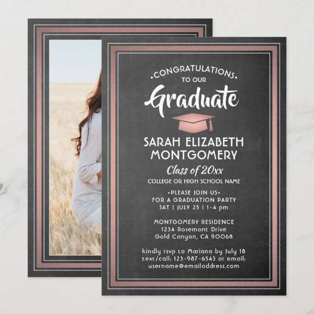 Invitación 1 Cartón negro elegante fotográfico y graduación r (Anverso / Reverso)