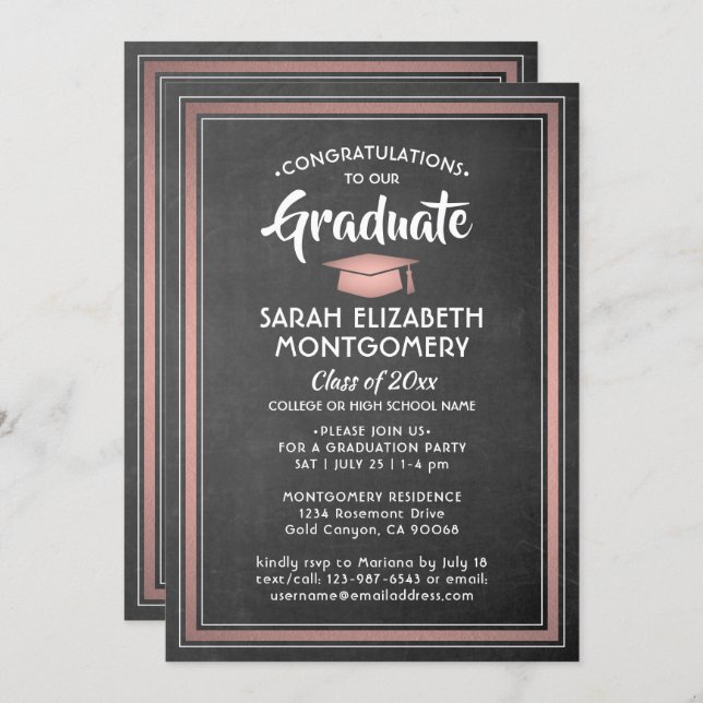 Invitación 1 Cartón negro elegante fotográfico y graduación r (Anverso / Reverso)
