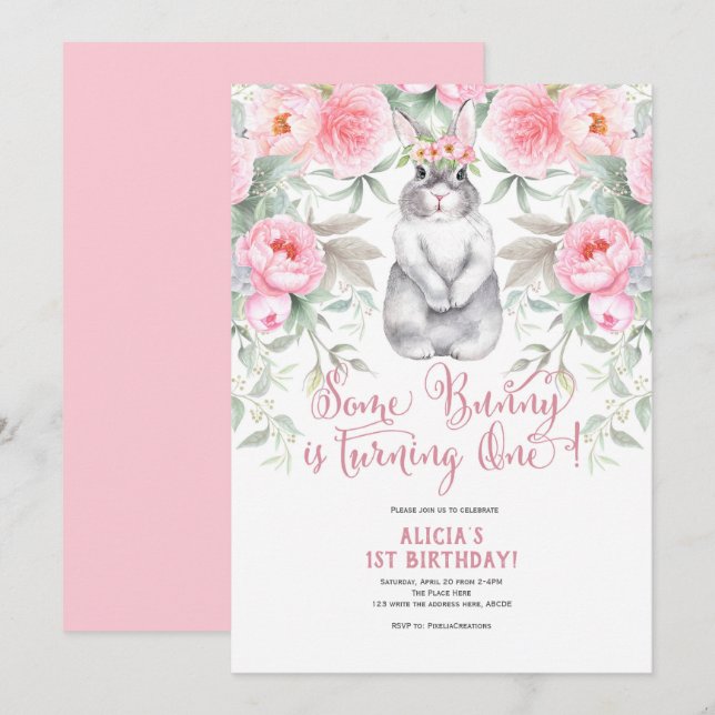 Invitación 1 cumpleaños, Flor acuarela, un conejito es uno (Anverso / Reverso)