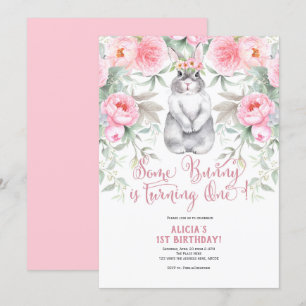 Invitación 1 cumpleaños, Flor acuarela, un conejito es uno