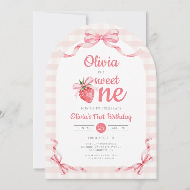 Invitación 1 Dulce Uno Cumpleaños Niña Fresa (Anverso)