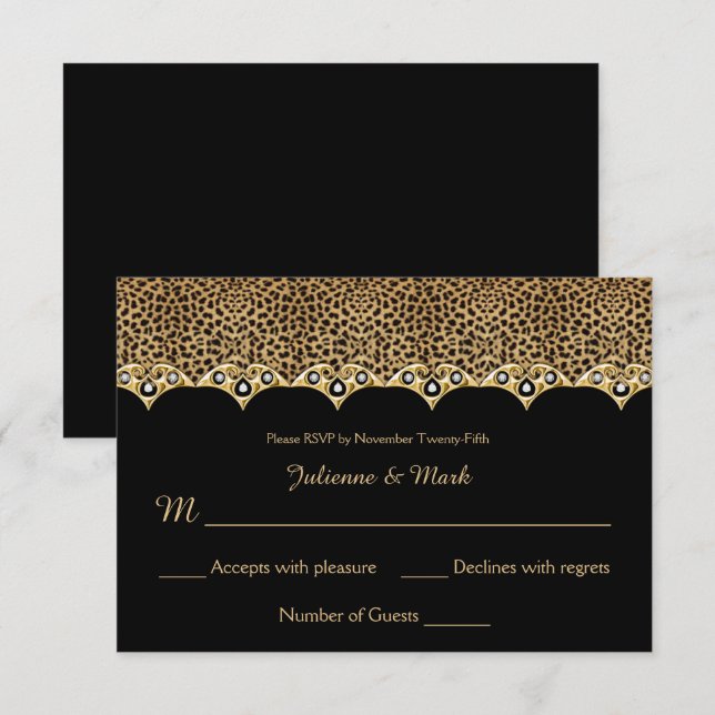 Invitación #1 Estampado de leopardo Diamantes de oro RSVP (Anverso / Reverso)