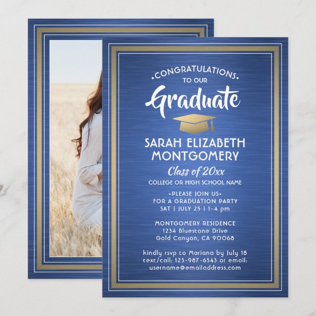 Invitación 1 Foto cepillada Graduación Real Azul y Oro (Anverso / Reverso)