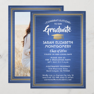 Invitación 1 Foto cepillada Graduación Real Azul y Oro