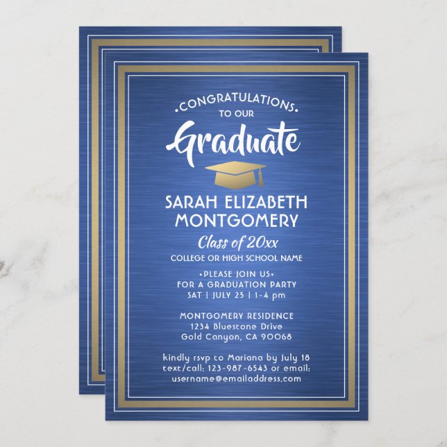 Invitación 1 Foto cepillada Graduación Real Azul y Oro (Anverso / Reverso)