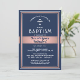 Invitación 1 foto Chica Baptism Navy Blue and Pink Rose Gold