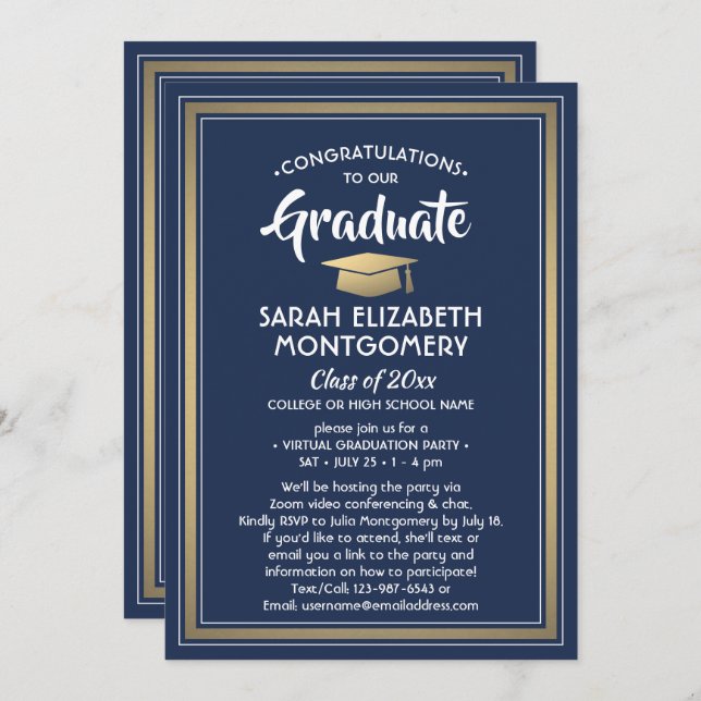 Invitación 1 foto de la Marina de Graduación Virtual Azul y O (Anverso / Reverso)