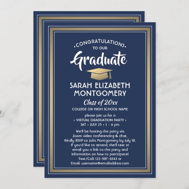 Invitación 1 foto de la Marina de Graduación Virtual Azul y O (Anverso / Reverso)