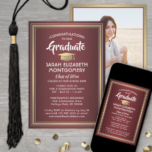 Invitación 1 Foto elegante Borgoña Rojo y Graduación de Oro