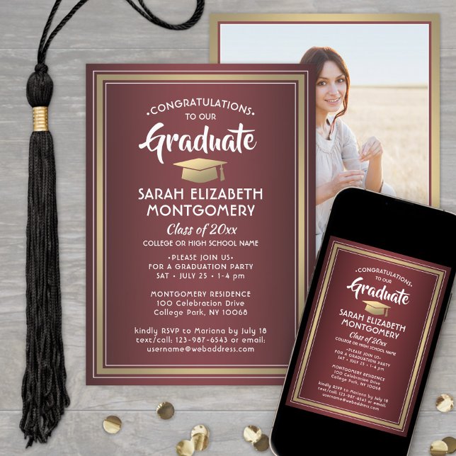 Invitación 1 Foto elegante Borgoña Rojo y Graduación de Oro (Subido por el creador)