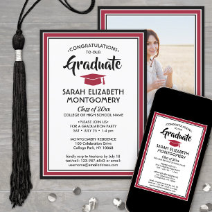 Invitación 1 Foto Elegante de graduación de blanco negro rojo