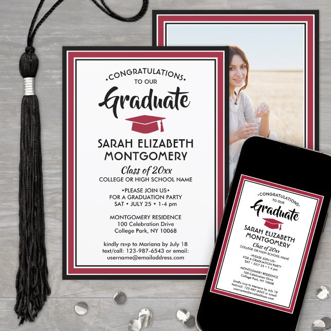 Invitación 1 Foto Elegante de graduación de blanco negro rojo (Subido por el creador)
