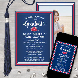 Invitación 1 Foto Elegante Felicitaciones Graduación Azul Bla