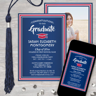 Invitación 1 Foto Elegante Felicitaciones Graduación Azul Bla