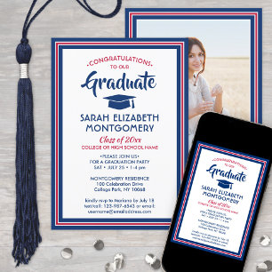 Invitación 1 Foto Elegante Felicitaciones Graduación Azul Bla