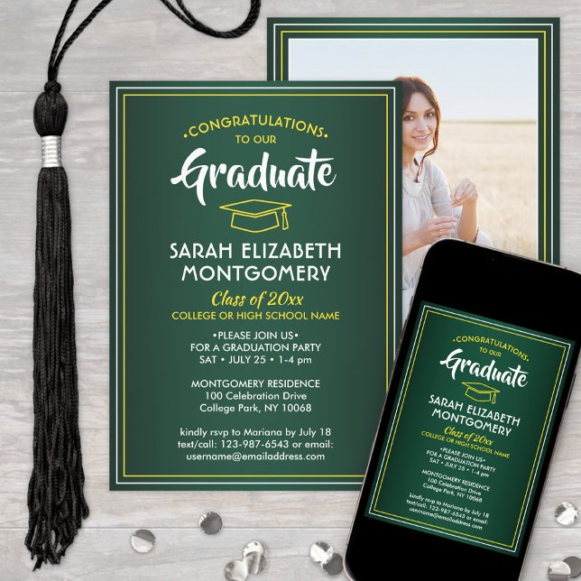 Invitación 1 Foto Elegante Graduación de Oro Verde Amarillo B (Subido por el creador)