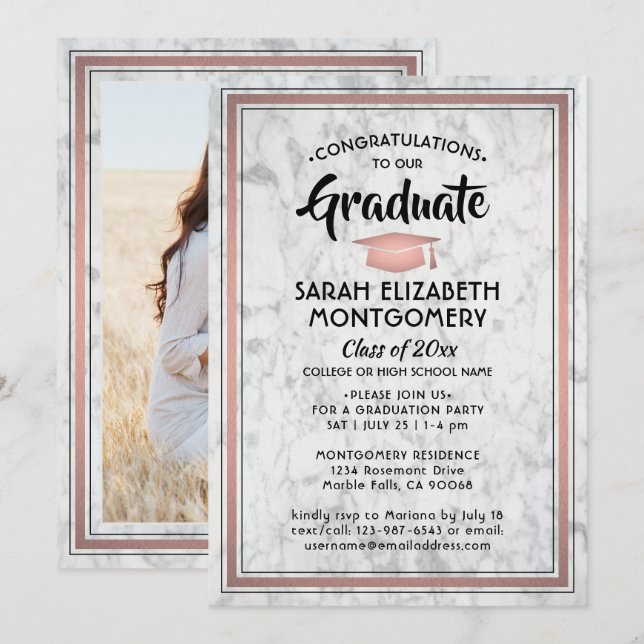 Invitación 1 Foto Elegante Marble y graduación de oro rosa (Anverso / Reverso)