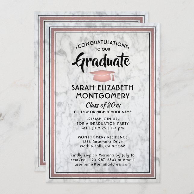 Invitación 1 Foto Elegante Marble y graduación de oro rosa (Anverso / Reverso)