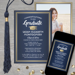 Invitación 1 Foto Elegante Marina con Oro Azul y Graduación B