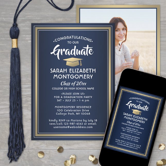 Invitación 1 Foto Elegante Marina con Oro Azul y Graduación B (Subido por el creador)