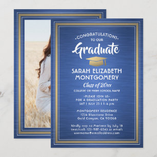 Invitación 1 Foto Elegante Oro Azul y Graduación Blanca