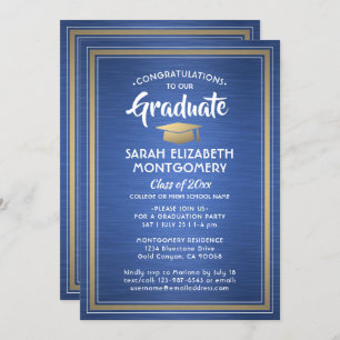 Invitación 1 Foto Elegante Oro Azul y Graduación Blanca